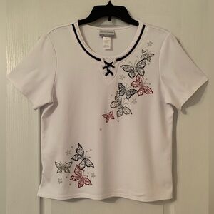 Alfred Dunner Red, Silver, Blue Butterfly, Silver Stars Accent Patriotic Top PM